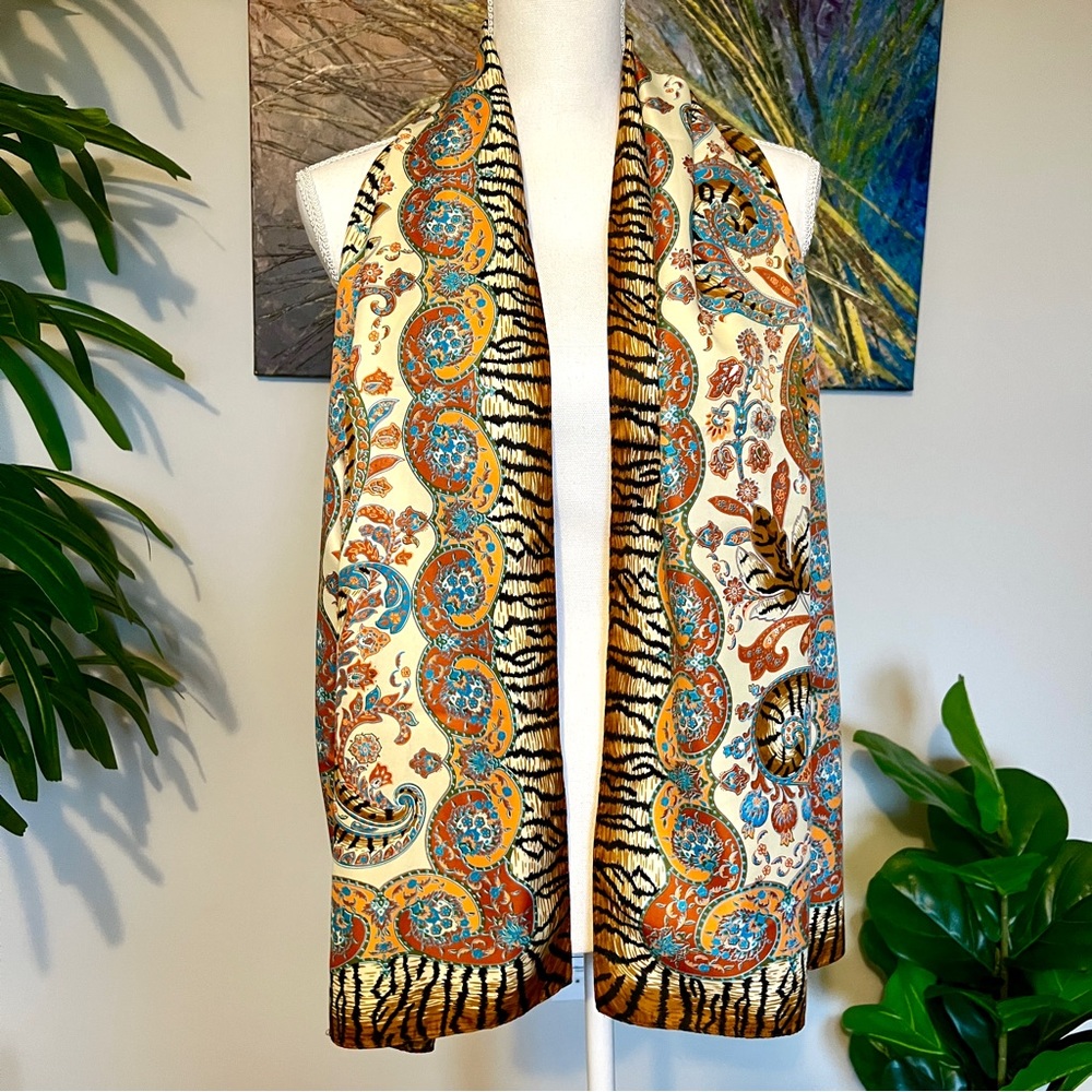 SOLD- Vintage Amanda Blu Scarf, Burnt Orange & Blue Paisley w/Tiger Print